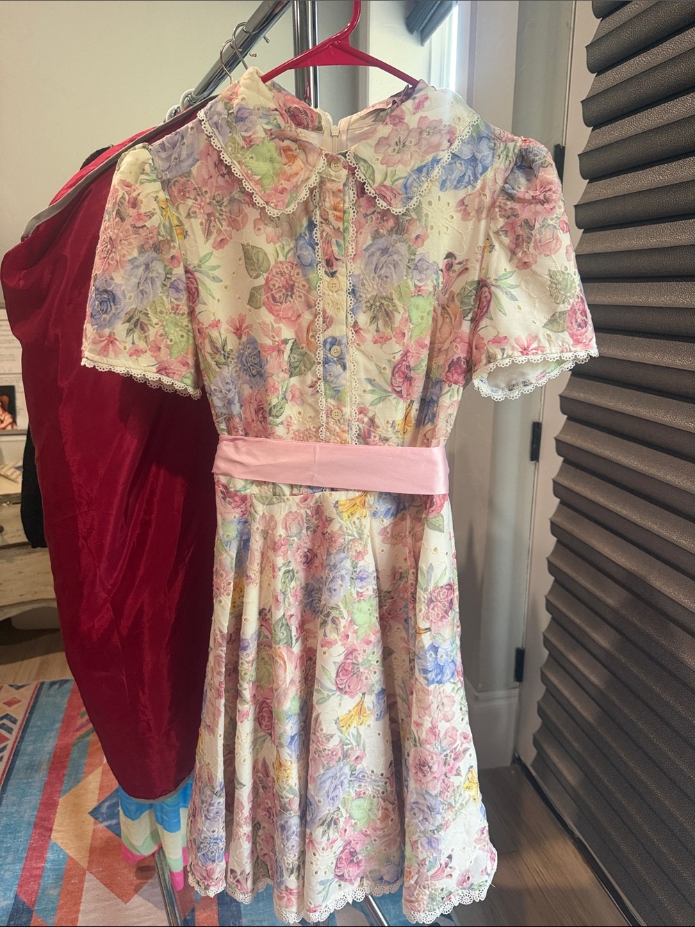 Ivy City Co Pastel Floral Lace-Trim Dress with Pink Sash